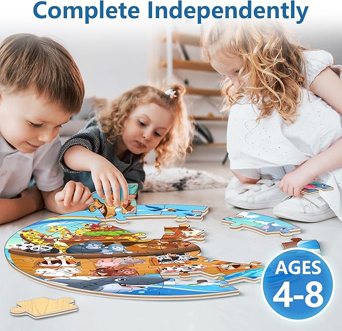iPlay, iLearn Toddlers Noah's-Ark Wooden Animal Puzzles, Kids Floor Puzzles for Ages 3-5, 4-8, Large 51 Pieces Round Jigsaw Puzzle Educational Toys, Birthday Gift for 6 7 Years Old Boys Girls Children