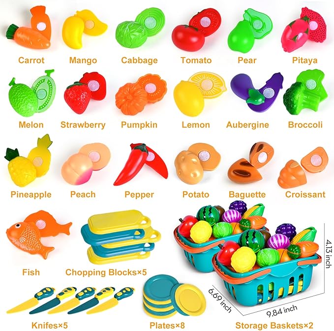 100 Pcs Play Food Set for Kids Kitchen, Pretend Food Toy for Toddlers Age 1-3, Plastic Cutting Fake Food/ Fruit/ Vegetable Accessories with 2 Baskets, Birthday Gifts for 2 3 4 5 Years Old Boys Girls