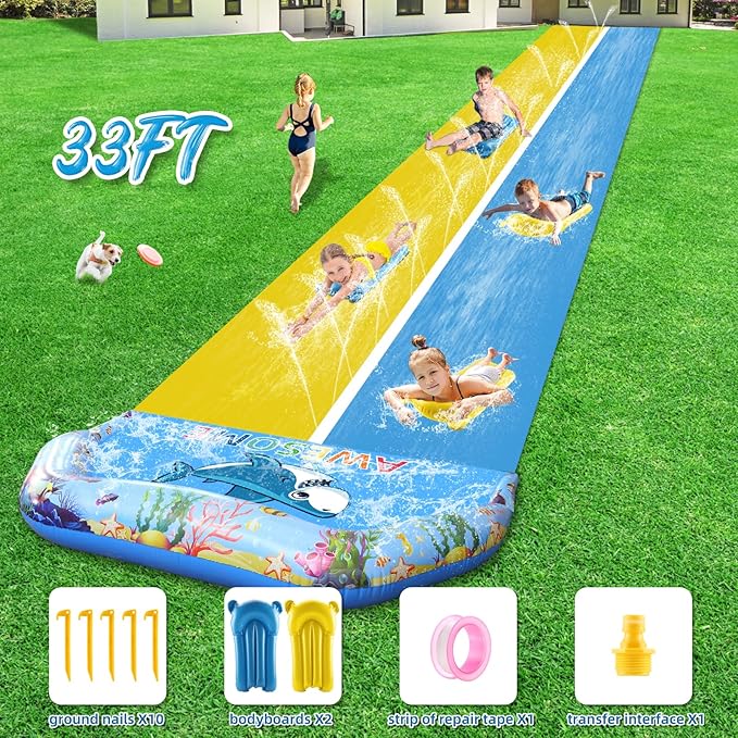 VEEST 33 FT Extra Long Water Slides for Kids Adults, Giant Double Lawn Water Slip Heavy Duty with 2 Bodyboards, Summer Water Slides Toys with Crash Pad for Backyard Outdoor