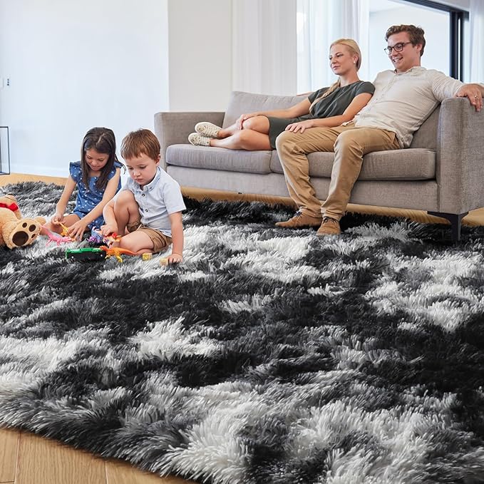 PAGISOFE Black White Grey Area Rugs for Living Room Bedroom Aesthetic, 8x10 Rug, Shag Fuzzy Fluffy Rug for Kids Room, Playroom, Classroom Dorm, Shaggy Soft Carpet, Plush Bedside Rugs, Modern Cool Rugs