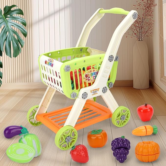 Kids Shopping Cart with Cutting Play Food Set for Kids Kitchen, 2 in 1 Shopping Cart for Kids Grocery Store Pretend Play Kitchen Accessories Sorting Food Bucket Learning Toys Gift for Toddler 3-5