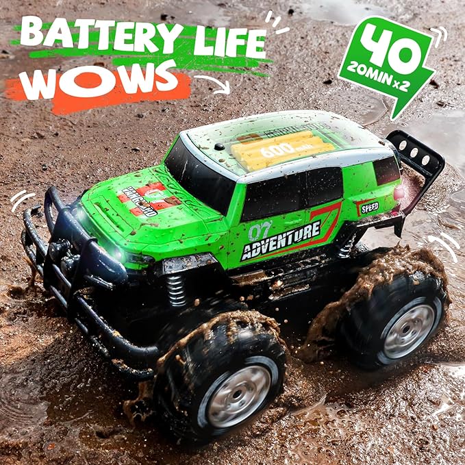 Ruko 1601AMP2 Amphibious Remote Control Car, 1:10 RC Car Toys for Boys, IPX6 Waterproof Monster Truck with Lights for All Terrain, 2 Rechargeable Batteries, Gifts for Kids (Green)