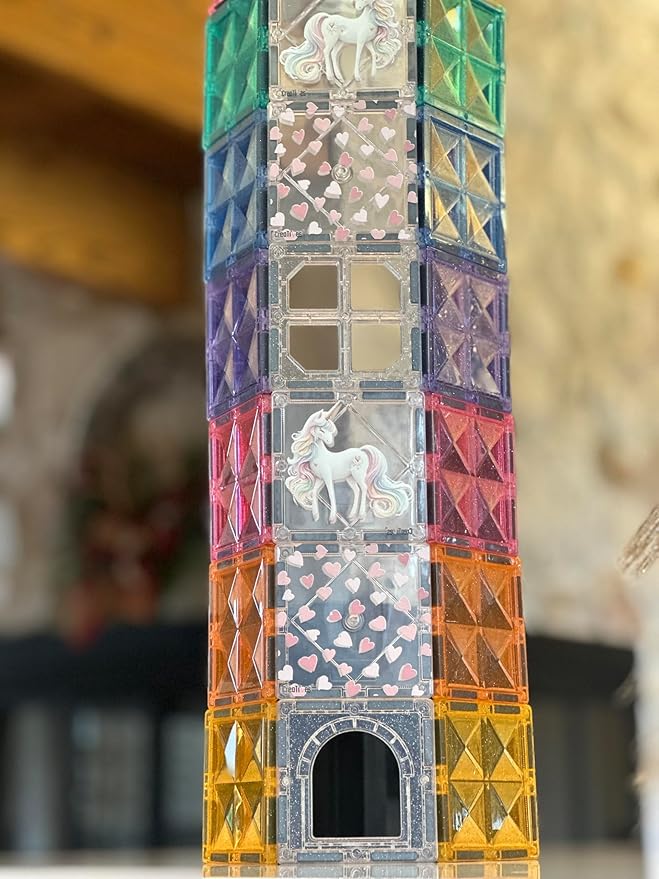 Glitter Unicorn Pony Magnetic Tiles: Building Blocks Toys for Kids - Hearts, Stars, Rainbow Castle Playset for Creative Kids, STEM Frozen Princess Birthday Gift for Girls Ages 3 4 5 6 7 8 and Up