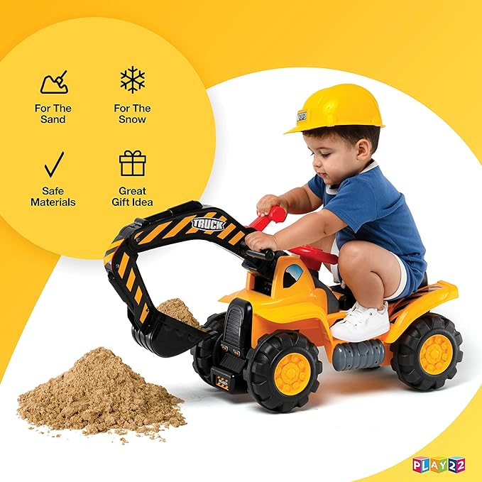 Play22 Toy Tractors for Kids Ride On Excavator - Music Sounds Digger Scooter Bulldozer Includes Helmet with Rocks - Pretend Play - Toddler Construction Truck