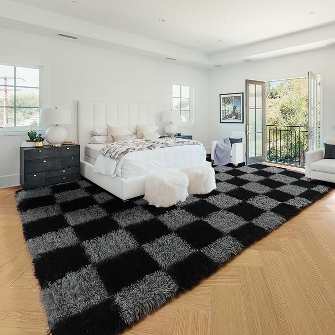 KICMOR Area Rugs 8x10 Living Room Carpet, Large Fluffy Soft Black and Grey Checkered Shag Rug for Bedroom, Big Fuzzy Shaggy Plush Floor Carpets for Kids Boys Girls Room Nursery Home Decor Aesthetic