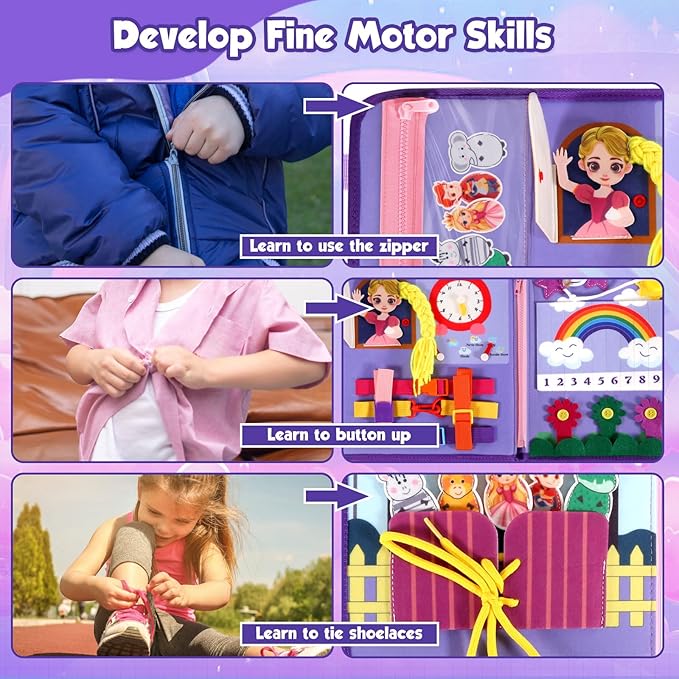 Purple Montessori Busy Board Book for Toddlers 1-3, Montessori Toys for 1-3 Year Old Girl Birthday Gift, Educational Quiet Activity Books for toddlers 2-4 Ages 2-4 Travel Toys for Airplane Car