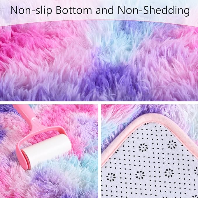 AROGAN Soft Rainbow Area Rugs for Girls Room 2x6 Feet, Fluffy Girls Bedroom Rugs, Princess Rug, Cute Colorful Carpet for Kids Teens Nursery Toddler, Hot Pink