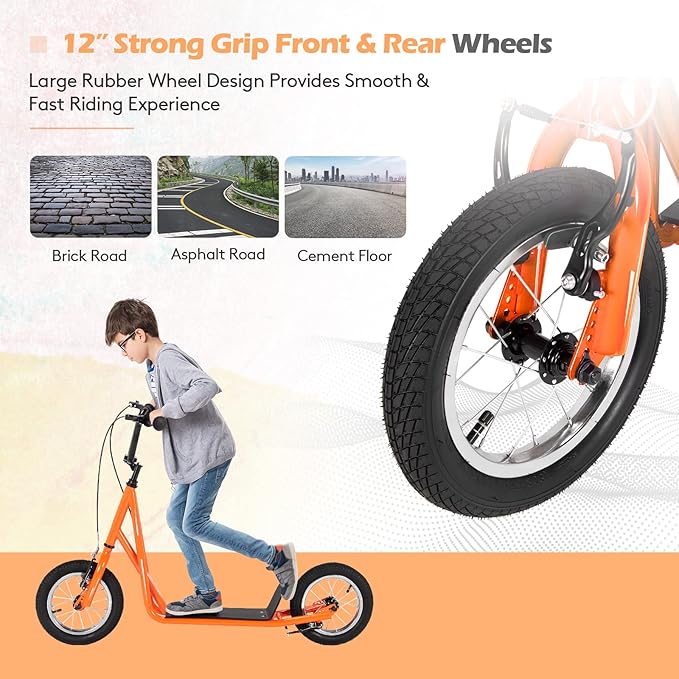 Goplus Youth Kick Scooter, Kids Kick Scooter W/ 12-Inch Air Filled Wheels, Carbon Steel Frame, Adjustable Handlebar, Front and Rear Dual Brakes, Ride On Toys for Adults Teens 8+