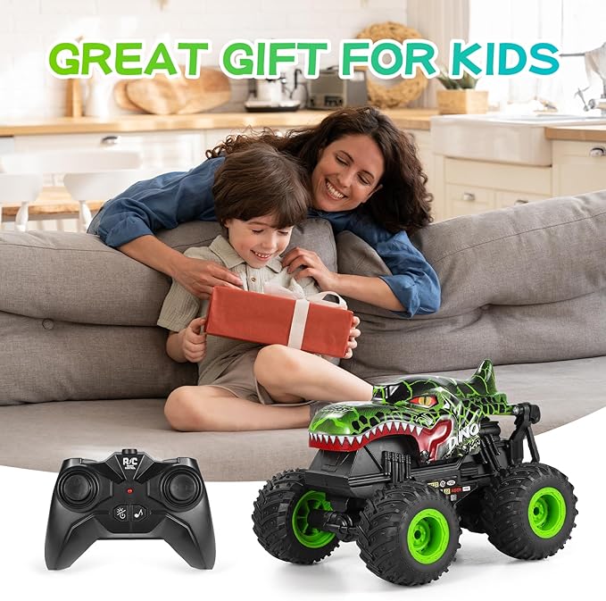 Remote Control Car, 2.4Ghz All Terrain Dinosaur Monster Truck Toys, RC Truck with Music, 3 Lighting Effects, 360 Stunt Capable, All included Ready to Run, Toy Gifts for Boys and Girls (Green)