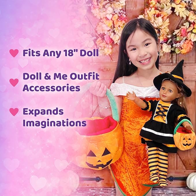 Playtime by Eimmie 18 Inch Doll Clothes and Accessories - Halloween Witch Costume with Hat and Plush Pumpkin - Clothing Sets & Stuff - Fits American, Generation & Similar 18” Dolls for Girls