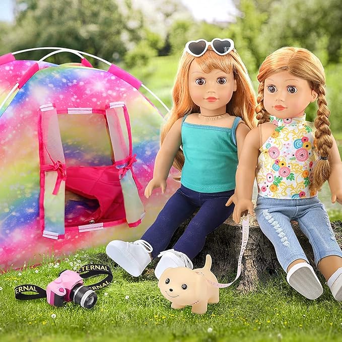 ZITA ELEMENT 7 Items Fashion Doll Camping Tent Set for 18 Inch Girl Doll Accessories - Including 18 Inch Doll Camping Tent, Sleeping Bag, Clothes Set, Shoes, Camera, Eye Glasses and Toy Dog