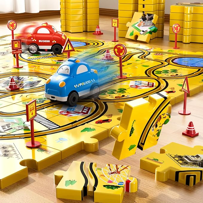 48 PCS Puzzle City Racer Car Track Set Toys for Kids Boys, Toys Gifts for 3 4 5 Year Old Boys, Puzzle Racer Kids Car Track Set Ages 3-5 4-6, Ideal 3 4 5 Year Old Boys Birthday Gifts