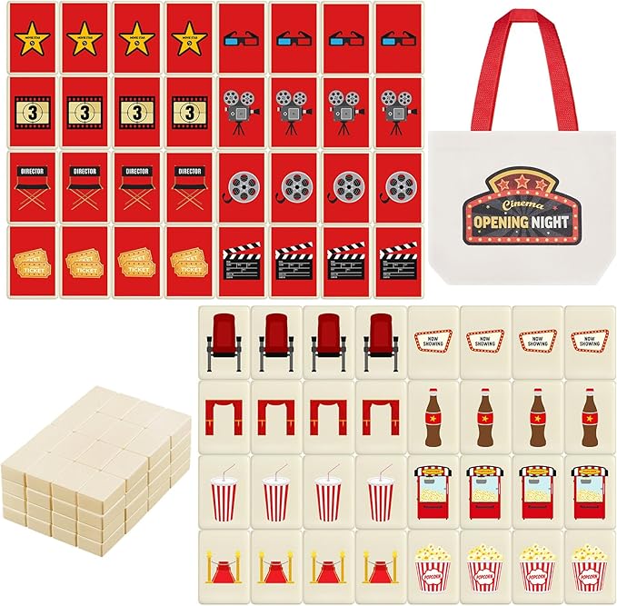65 Tiles 30 mm Movie Night Mahjong Block Set with Storage Bags 2 Player Mahjong Push Tile Game Popcorn Drinks Pattern No DIY Required for Friend Family Game Night Party Gift (Melamine)