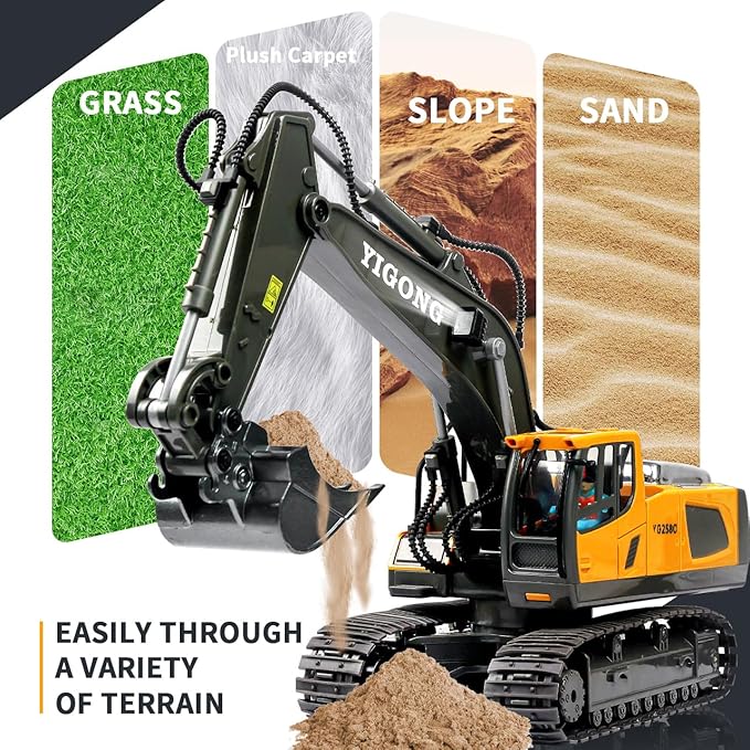 Remote Control Excavator Toy, Present for Boys 4 5 6 7 8 9 10 11 12 13 Year Old, RC Construction Toys with Metal Shovel, Lights, Sounds, 2.4Ghz, Turns 680 Degree - Christmas Birthday Gift