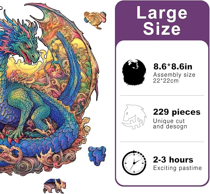 Dragon Wooden Puzzles for Adults Kids, Unique Animal Shaped Cool Wooden Jigsaw Puzzles, Premium Box Wood Cut Puzzles for Teens, Best Family Ideas (L-11.8 * 11.2 in-229pcs)