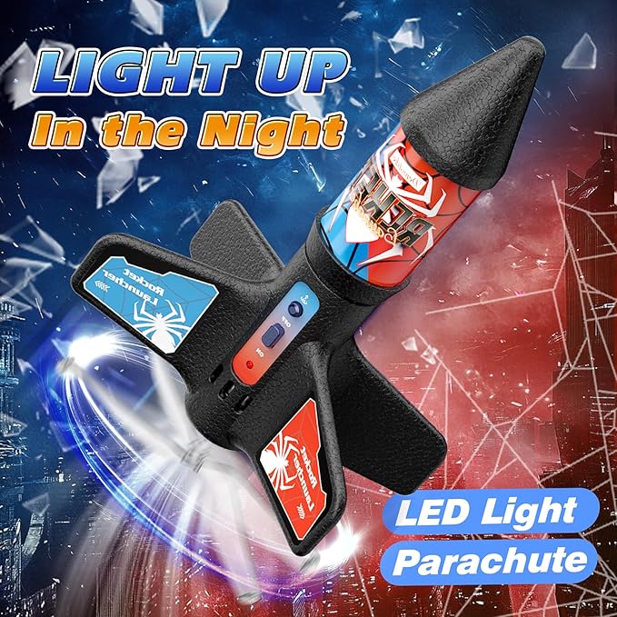 Rocket Launcher for Kids Automatic Launch 200 Feet Air Rocket Toy for Boy 10 Years Old Motorized Air Rocket with Safety Parachute and LED Outdoor Rocket Kits Toys Gifts for Kids Age 5-12
