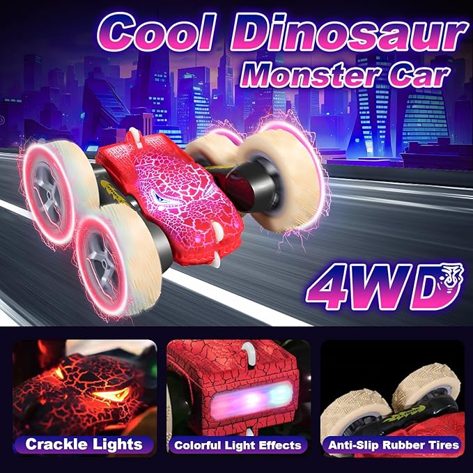Remote Control Car 2.4GHZ All Terrain RC Monster Cars for Boys Girls Age 4-7 Double Sided 360° Rotation RC Stunt Cars with Light Dinosaur Toys for Kids 5-7 Chrismas Birthday Gifts