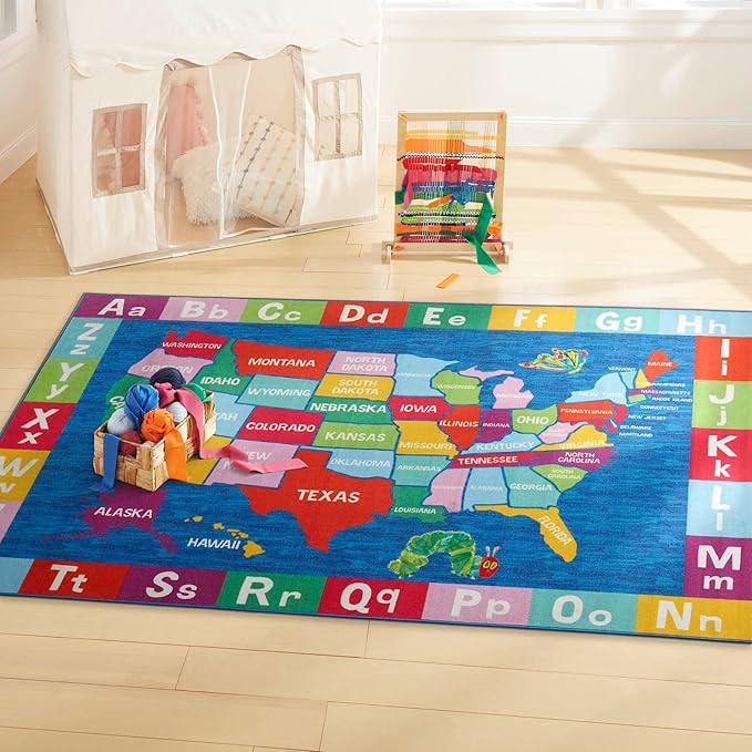 Eric Carle Elementary USA Map Kids Machine Washable Area Rug Blue/Red, 4'11"x6'6"