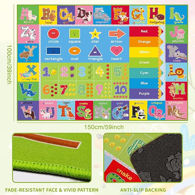 ABC Carpet, Kids Rugs for Playroom, Educational Play Mat for Kids, Preschool Rugs with ABC, Numbers, Animals Learning Carpet for Bedroom Playroom Classroom Baby Toddler Children (Green, 59X39.4 INCH)