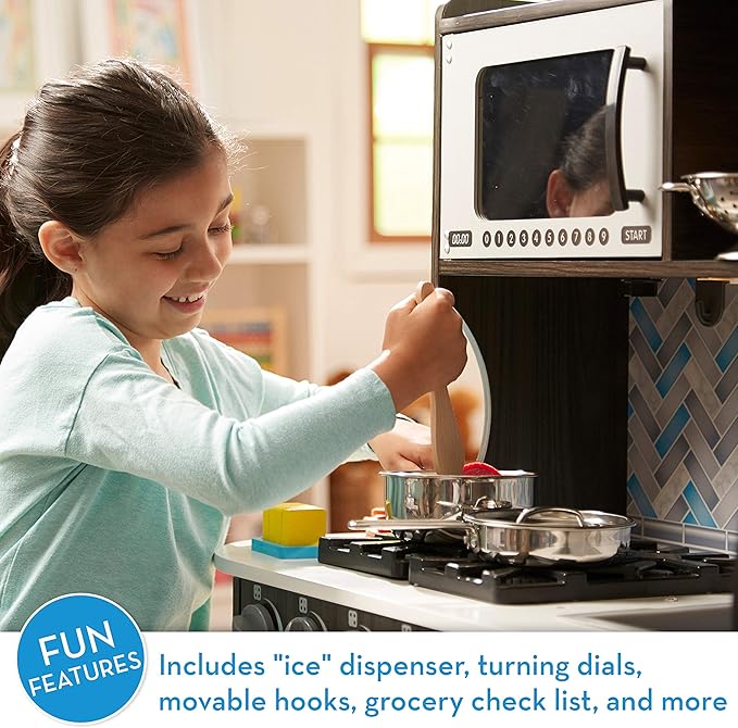 Melissa & Doug Wooden Chef’s Pretend Play Toy Kitchen With “Ice” Cube Dispenser – Charcoal Gray - Kitchen Play Set For Toddlers And Kids Ages 3+