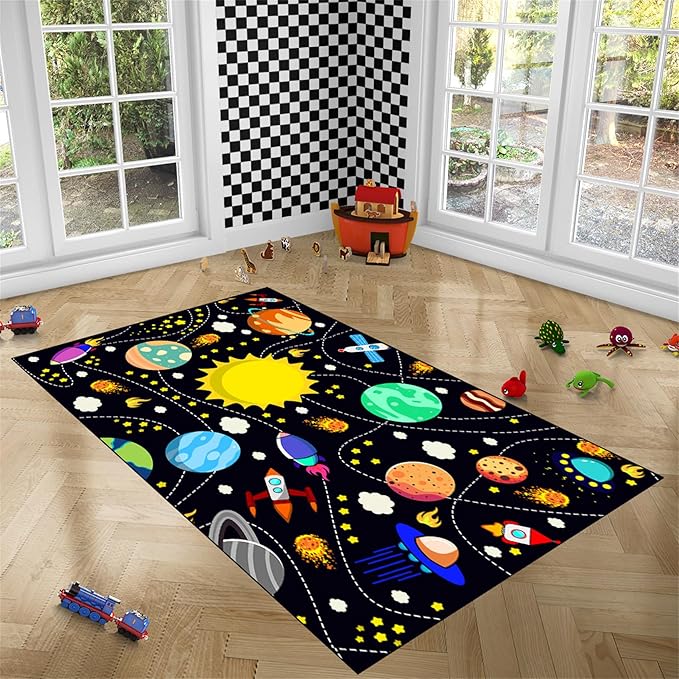Space Area Rugs for Boys Bedroom - Cute Cartoon Large Planets Carpet Rug Indoor Sofa Floor Mats Solar System Space Theme Living Bedroom Dining Room Decor Crystal Polyester Area Rug Door Mats, 4x5 ft