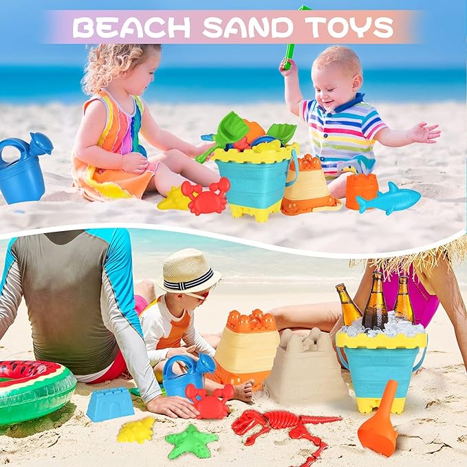 Beach Sand Toys Set, 24PCS Sandbox Toys with Mesh Backpack Bag Included 2 Foldable Buckets Pails, Sand Molds, Shovels, Rakes and Watering Can, Summer Outdoor Toys for Kids Toddlers Boys Girls