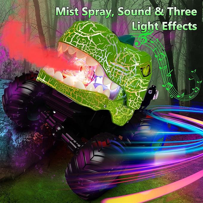 Monster RC Car - Dinosaur 360° Rotating Stunt Car with Spray, Lights & Sound, 2.4GHz All Terrain Truck, Remote Control Toys for Age 4-7, Gifts for Kids 3-12