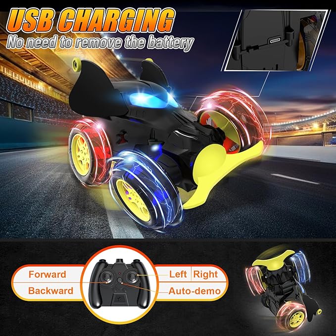Remote Control Car for Boys - 360° Rotates and Flips 4WD Remote RC Stunt Cars for Kids, 2.4GHz USB Direct Charging with LED Lights Toy Car, Gift for Boy 3 4 5 6 7 8 9 10 11 13 Year Old