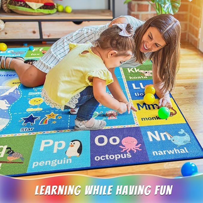 ABC Kids Rug for Playroom, 3x5 Washable Classroom Area Rugs, Toddler Educational Play Mat with Alphabet Numbers Seasons Shapes, Learning Fun for Preschool Children, Blue & Green