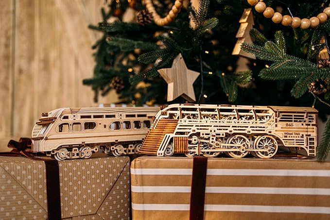Wood Trick Atlantic Express Train 3D Wooden Puzzles for Adults and Kids to Build - 26.7x4 in - Rides up to 9 ft - Mechanical Locomotive Model Kit for Adults and Kids