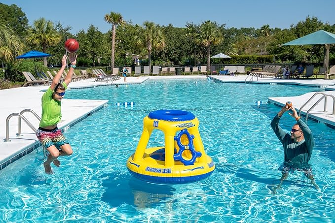 Wave Runner Inflatable Pool Basketball Hoop Set, Poolside Floating Basketball Game with Ball, Water Play and Trick Shots, GAINT Pool Toys and Floats for Swimming Pool Fun