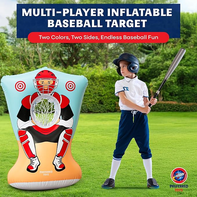 Inflatable Baseball Pitching Target for Kids, Double-Sided Outdoor & Indoor Baseball Training Toss Game, Includes 4 Balls, Air Pump, & Patch Kit