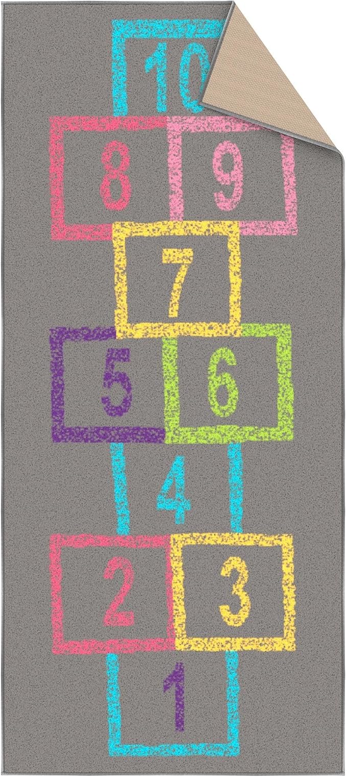 Ottomanson 2'7" x 6' Hopscotch Kids Rug - Play Mat for Playroom, Bedroom, Daycare & Classroom - Fun & Interactive Game Carpet - Durable and Non-Slip - Perfect for Learning & High-Traffic Areas, Gray