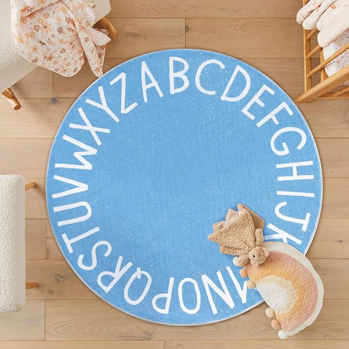 Topotdor Round Kids Play Rug Alphabet Nursery Area Rug Extra Large Soft Crawling Play Mat for Children Toddlers Bedroom (63 inch, Sky Blue)