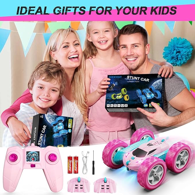 Remote Control Car, Pink RC Cars for Girls, 2.4 GHZ Double Sided RC Stunt Car 360° Rotating Remote Control Crawler with Headlights Cars Toys for 6 7 8 9 10 11 12 Girls Birthday
