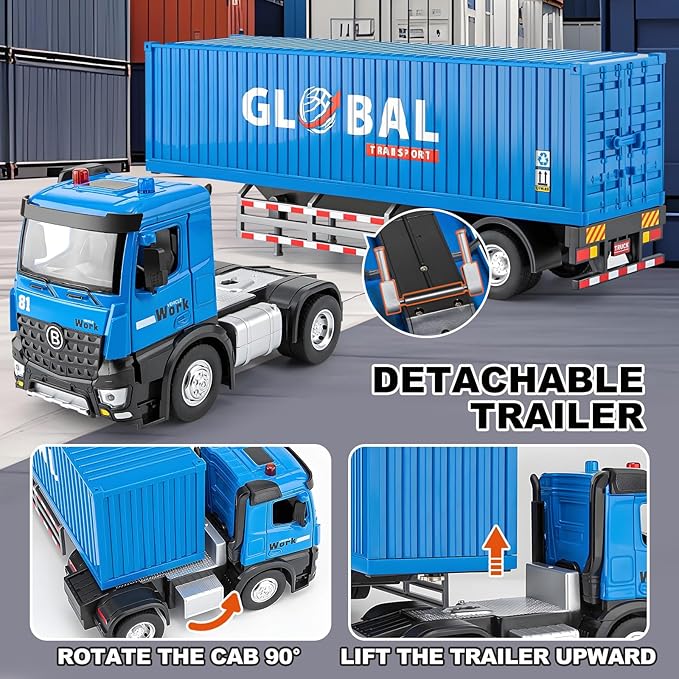 Semi Truck Toy with Metal Cab, Large Tractor Trailer Truck with Lights and Sounds, Friction Powered Cargo Transporter for Kids, Birthday Gift for Toddlers Boys 16.5"