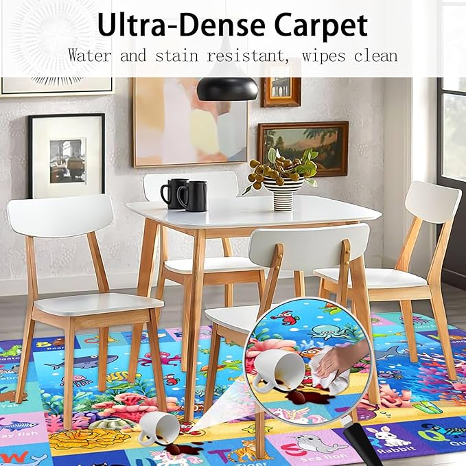 Alphabet Play Rugs for Kids Playroom, Under Ocean Sea Boys ABC Rug for Living Room 3x5 Educational Game Mat Kids Bedroom Carpet for Indoor Beach Animals Classroom Play Mat Blue Decor