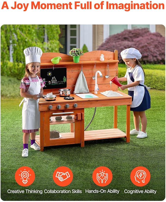 VEVOR Mud Kitchen for Kids, Wooden Toy Play Kitchen Set, Outdoor Toddler Grocery Store Playset for Boys & Girls, Pretend Play Kitchen with Stoves, Sink, Faucet, Blackboard, Cookware Pots, Accessories