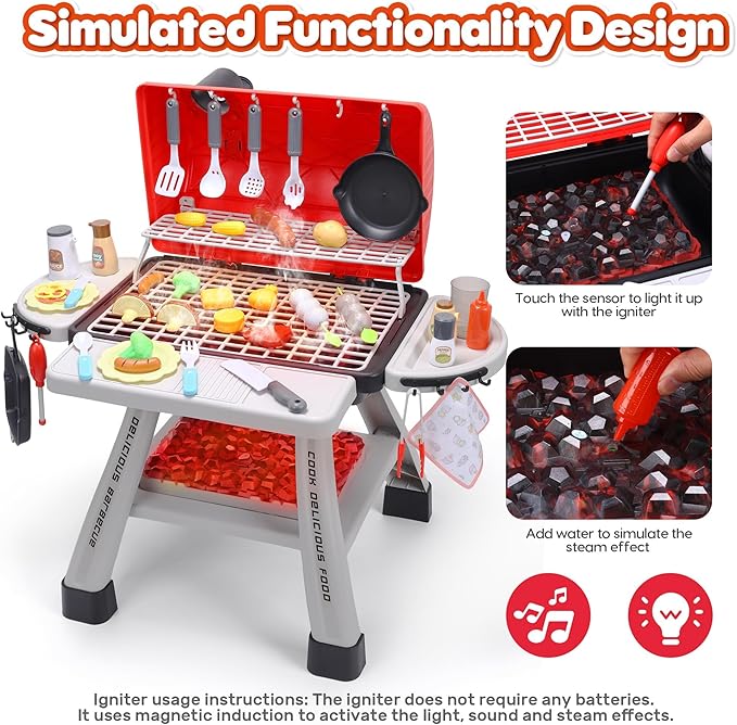 CUTE STONE Kids Grill Playset,Kitchen Playset with Realistic Smoke, Sound, Light, Kids BBQ Grill Toy Cooking Playset for Toddler,Indoor Outdoor Backyard Play Toys for Boys Girls, 23.6" H