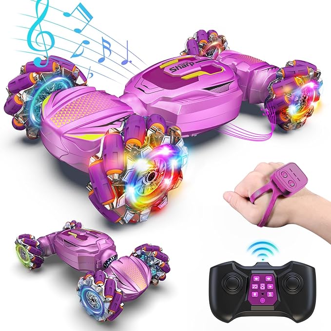 Gesture Sensing RC Stunt Car, Boys Girls Ages 6-12 Birthday Gift Ideas, 4WD Transform Off Road for Rotating Hand-Controlled 2.4Ghz Remote Control Twist Cars with Lights and Music Purple