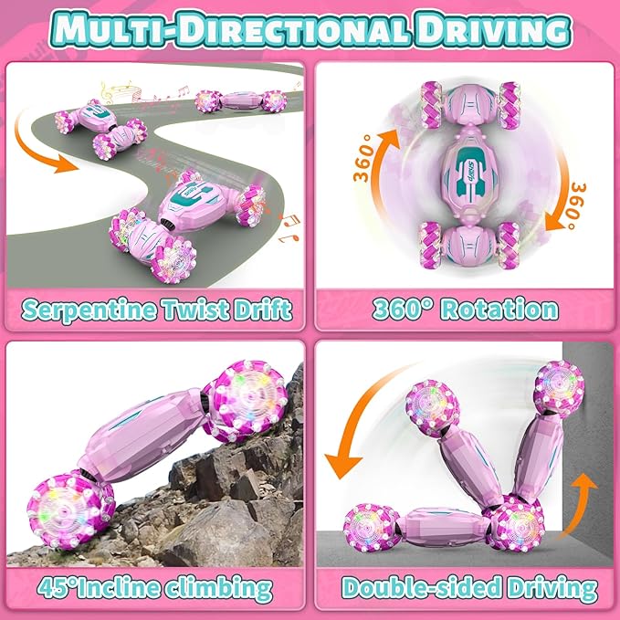 Gesture Sensing RC Stunt Car, Pink Remote Control Car for Girls Birthday Gifts, Pink RC Car for Kids Age 6-12, 2.4Ghz Hand Controlled Twist Cars, 360° Rotating Cars Toy for Girls Age 8 9 10 11+