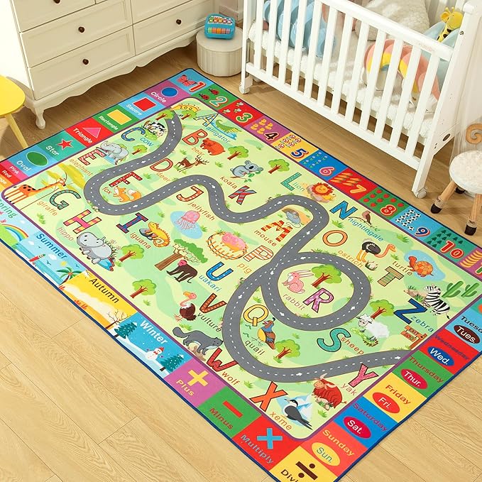 Terrug Kids Rug for Playroom & Classroom, Washable Nursery Carpet, Non-Slip Play Mat - ABC, Numbers, Animal, Color, Season - 3x5 Feet