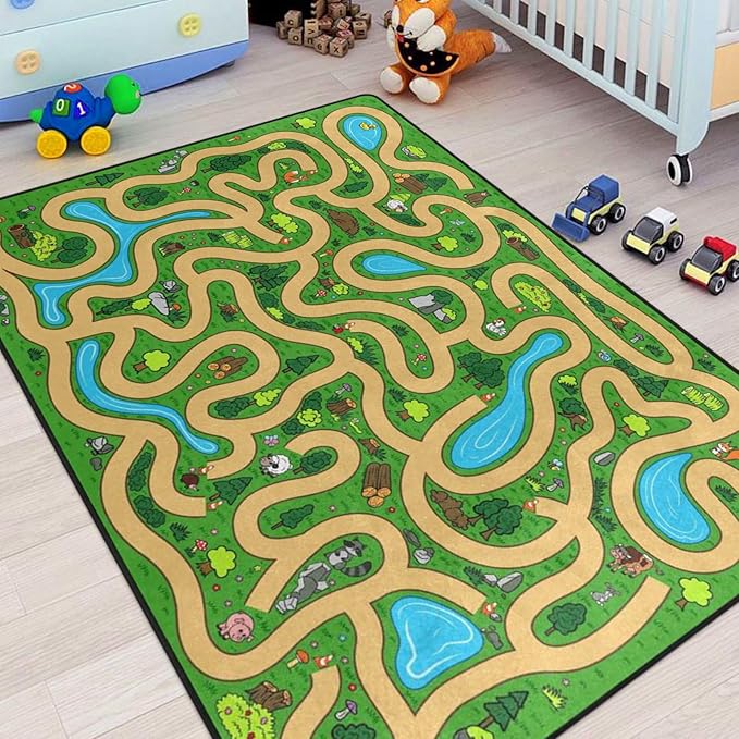 Kids Rug, Cartoon Maze Playmat Rugs - 5x7 Ft Kids Carpet with Rubber Backing, Forest Trees Animal Plant Theme Play Mat Nursery Rugs for Children Bedroom Playroom