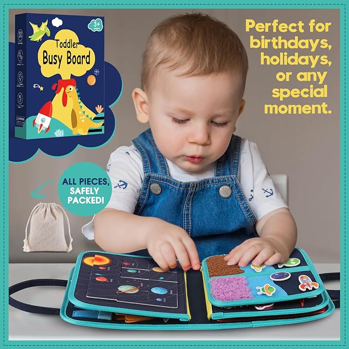 Toddler Sensory Busy Board: Travel Toy Activity Book for Girls Boys, Motor Skill Development Gift for Baby Aged 3-4 Years, Fine Educational Preschool Montessori Learning Toy for Car Airplane Space