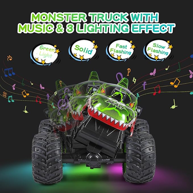 Remote Control Car, 2.4Ghz All Terrain Dinosaur Monster Truck Toys, RC Truck with Music, 3 Lighting Effects, 360 Stunt Capable, All included Ready to Run, Toy Gifts for Boys and Girls (Green)