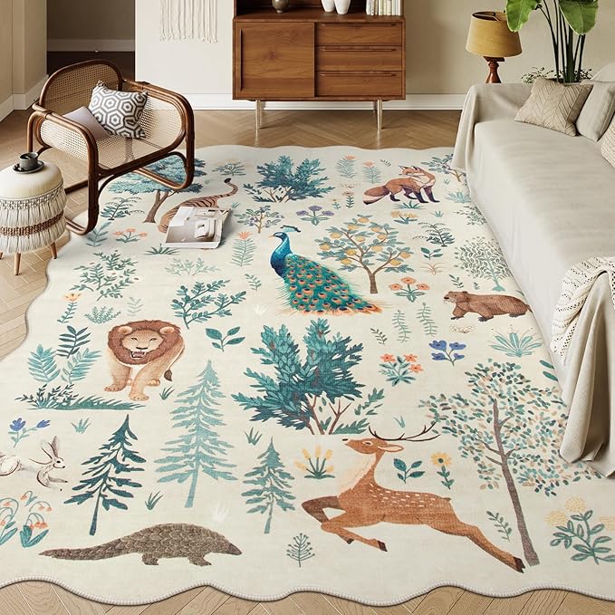 Lahome Jungle Kids Rugs for Playroom 8x10,Rugs for Bedroom Boys, Soft Large Living Room Rug Ultra-Thin, Animal Print Indoor Non Slip Carpet for Dining Room Neutral Nursery Girl (Beige, 8'x10')