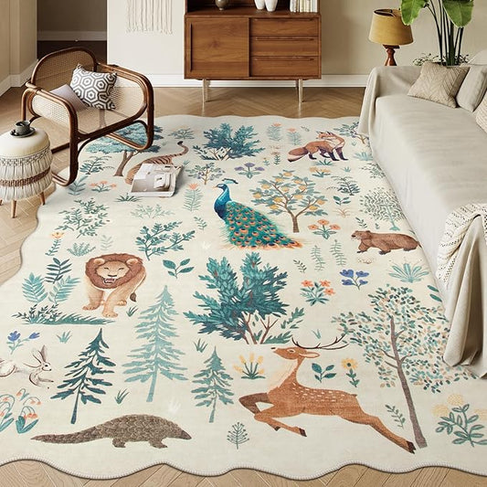 Lahome Jungle Kids Rugs for Playroom 8x10,Rugs for Bedroom Boys, Soft Large Living Room Rug Ultra-Thin, Animal Print Indoor Non Slip Carpet for Dining Room Neutral Nursery Girl (Beige, 8'x10')