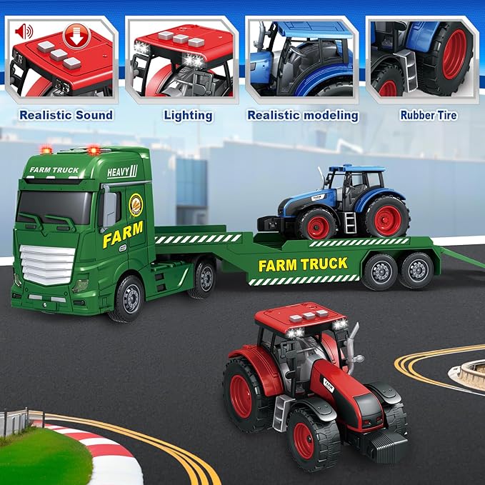 SpringFlower Toddler Boy Truck Toys, 25" Large Farm Vehicles with Tractors, 3 in 1 Farm Truck Boy Toy, Christmas & Birthday Gifts for Kids 3-6 Years Old