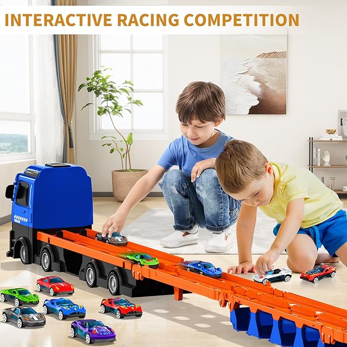 78.7-Inch Racing Car Track Truck Toy for Boys 2 3 4 5 6 7 Years Old - Transport Carrier Trucks, Foldable Tracks Storage, 12 Die-cast Car, Gifts for Toddlers and Kids Aged 3-5