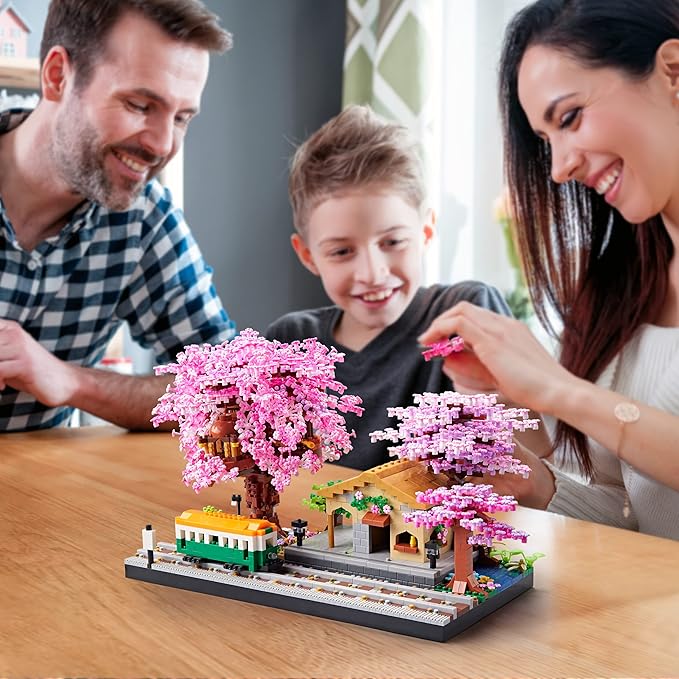 Japanese Cherry Blossom Train Station Micro Building Blocks Set - Creative Mini Bricks Model Kit for Adults and Kids (3668 PCS) with Figures